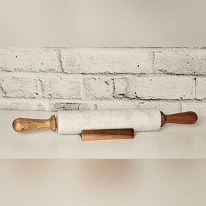 Pampered Chef Marble Rolling Pin w/ Wooden Handles & Stand Heavyweight Bake Tool